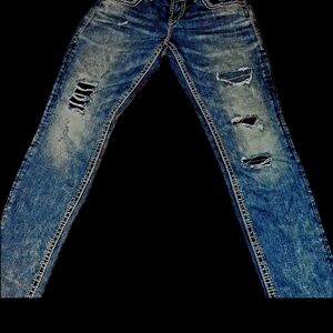 Stylish Silver Slim Fit Ripped Jeans - Blue